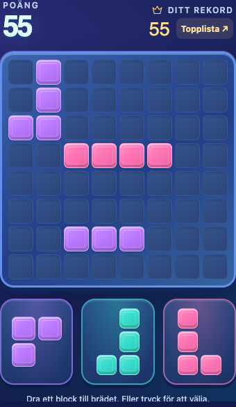 Purple and pink blocks arranged on the Block Revel puzzle board.